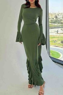Green Elegant Solid Color Patchwork Strap Design Ruffled Trim O Neck Long Dresses
