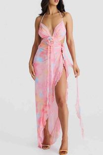 Pink Sexy Print Patchwork Backless High Slit Ruched Strap Design Halter Irregular Dresses