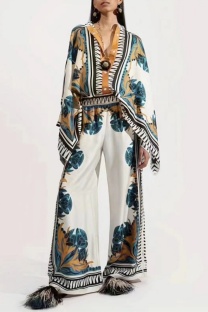 Multicolor Casual Print Painted Shirt Collar Long Sleeve Two Pieces