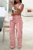 Pink Casual Solid Color Pocket Straight High Waist Conventional Solid Color Trousers