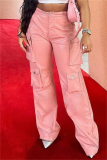 Pink Casual Solid Color Pocket Straight High Waist Conventional Solid Color Trousers