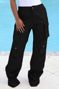 Black Casual Solid Color Pocket Straight High Waist Conventional Solid Color Trousers