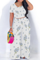 Blue White Casual Print Patchwork O Neck Short Sleeve Two Pieces