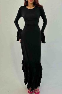 Black Elegant Solid Color Patchwork Strap Design Ruffled Trim O Neck Long Dresses