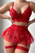 Red Sexy Solid Color Lace Patchwork See-Through Backless Mesh Lingerie(Three Pieces)