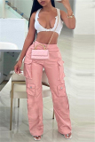 Pink Casual Solid Color Pocket Straight High Waist Conventional Solid Color Trousers