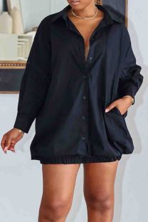 Black Casual Solid Color Pocket Buckle Patchwork Turndown Collar Straight Dresses
