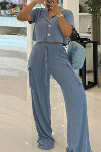 Grey Casual Solid Color Pocket Lace Up Buckle Patchwork Turndown Collar Short Sleeve Two Pieces