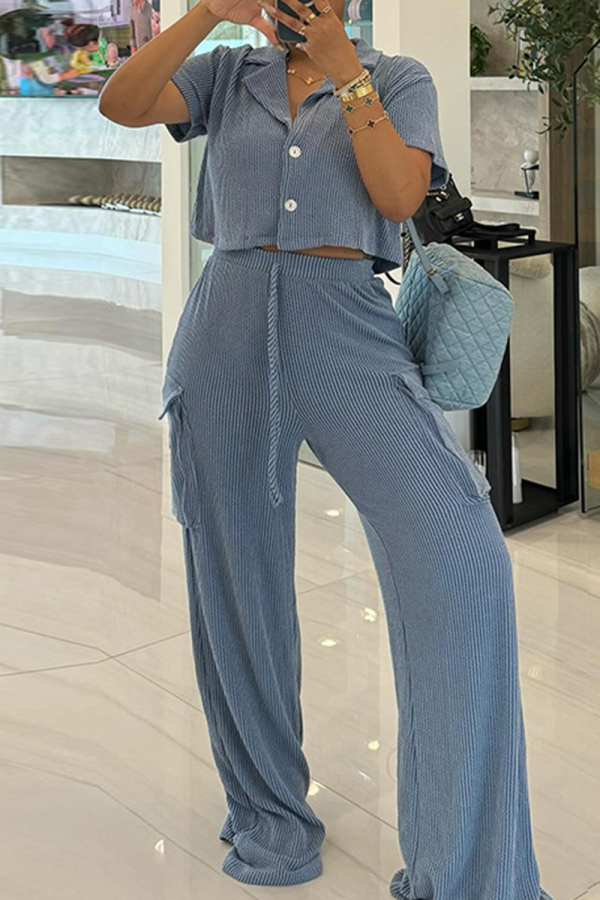 Grey Casual Solid Color Pocket Lace Up Buckle Patchwork Turndown Collar Short Sleeve Two Pieces
