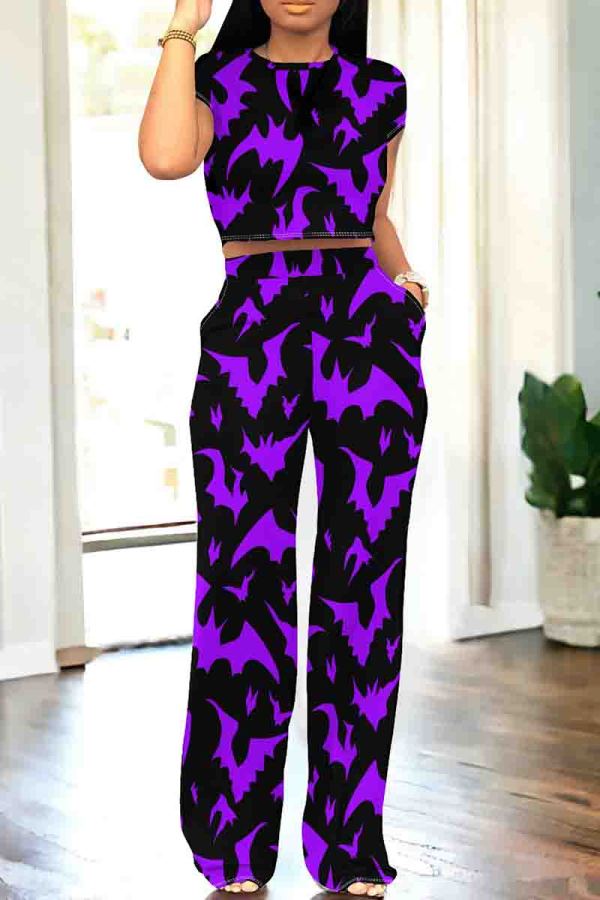 Black Purple Casual Print Pocket Patchwork O Neck Short Sleeve Two Pieces