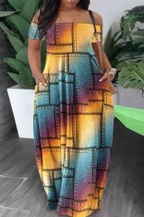 Yellow And Blue Casual Print Pocket Patchwork Backless Off Shoulder Long Plus Size Dresses