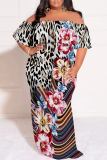 Dark Blue Casual Print Patchwork Off Shoulder Long Plus Size Dresses