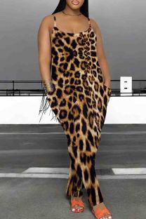 Brown Casual Print Pocket Patchwork Backless Spaghetti Strap Loose Jumpsuits