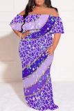 Dark Blue Casual Print Patchwork Off Shoulder Long Plus Size Dresses