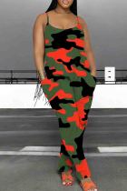 Orange Casual Print Pocket Patchwork Backless Spaghetti Strap Loose Jumpsuits