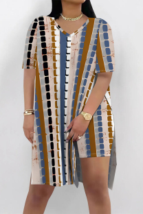 Multicolor Casual Street Leopard Print Chain print Slit Contrast V Neck Short Sleeve Two Pieces