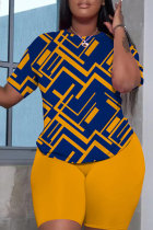 Yellow Casual Print Basic O Neck Short Sleeve Two Pieces
