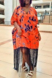 Tangerine Red Casual Print Fringed Trim V Neck Printed Dresses