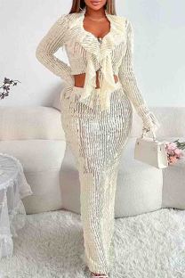 White Sexy Solid Color Patchwork Strap Design Ruffled Trim V Neck Long Sleeve Two Pieces