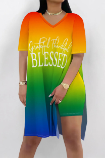 Orange Casual Gradient Print Stripe Letters Slit V Neck Short Sleeve Two Pieces
