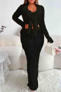 Black Sexy Solid Color Patchwork Strap Design Ruffled Trim V Neck Long Sleeve Two Pieces