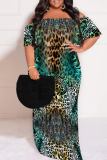 Dark Blue Casual Print Patchwork Off Shoulder Long Plus Size Dresses