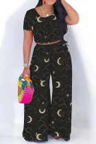 Black Casual Geometric Print Contrast O Neck Short Sleeve Two Pieces