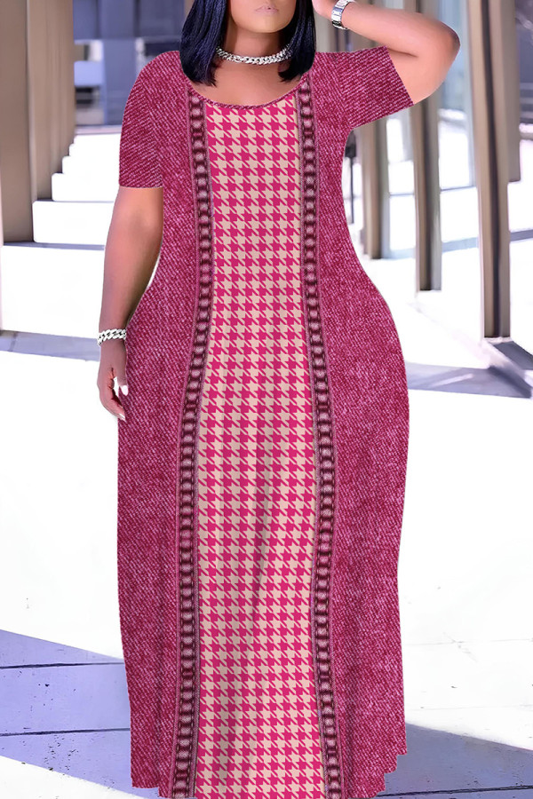 Rose Red Casual Print Basic O Neck Long Plus Size Dresses