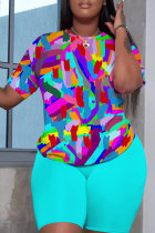Sky Blue Casual Print Basic O Neck Short Sleeve Two Pieces