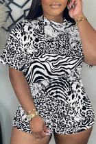 White Casual Leopard Print Basic O Neck Short Sleeve Two Pieces