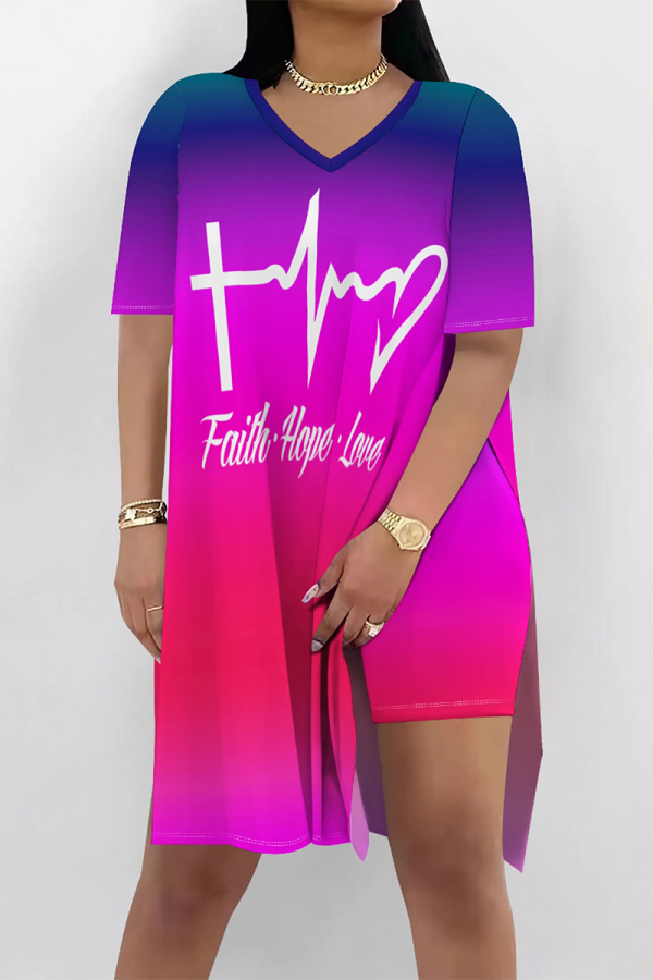 Dark Blue Casual Gradient Print Stripe Letters Slit V Neck Short Sleeve Two Pieces