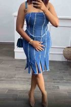 Blue Sexy Solid Color Patchwork Backless Slit Strapless Sleeveless Two Pieces