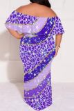 Dark Blue Casual Print Patchwork Off Shoulder Long Plus Size Dresses