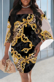 White Sexy Geometric Print Chain print Contrast Off Shoulder Printed Dresses