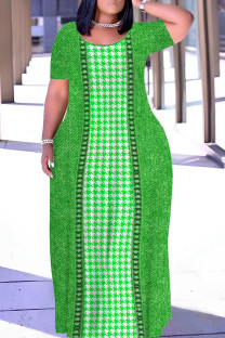 Green Casual Print Basic O Neck Long Plus Size Dresses