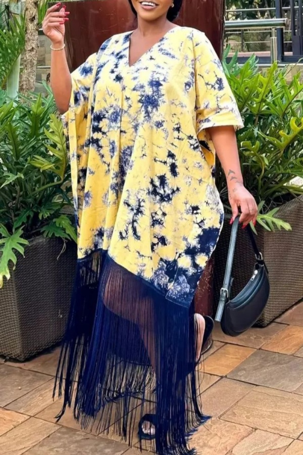 Blue Casual Print Fringed Trim V Neck Printed Dresses