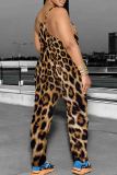 Khaki Casual Print Pocket Patchwork Backless Spaghetti Strap Loose Jumpsuits
