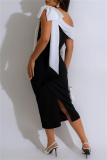 Green Casual Patchwork Slit Contrast Oblique Collar One Step Skirt Dresses