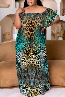 Green Casual Print Patchwork Off Shoulder Long Plus Size Dresses