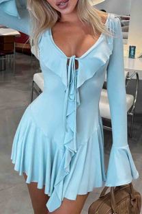 Blue Sexy Solid Color Patchwork Strap Design Ruffled Trim V Neck Irregular Dresses