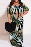 Dark Blue Casual Print Patchwork Off Shoulder Long Plus Size Dresses