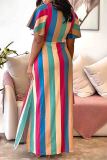 Multicolor Elegant Stripe Patchwork Strap Design O Neck Long Dresses