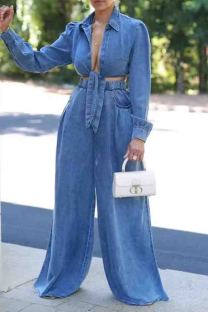 Blue Casual Solid Color Pocket Patchwork Strap Design Turndown Collar Long Sleeve Two Pieces