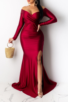 Red Sexy Prom Solid Color Slit Ruched V Neck Evening Dresses