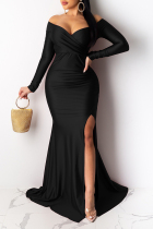 Black Sexy Prom Solid Color Slit Ruched V Neck Evening Dresses