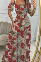 Burgundy Sexy Print Hollow Out Patchwork Backless Off Shoulder Long Dresses