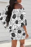 White Sexy Floral Print Contrast Off Shoulder Printed Dresses