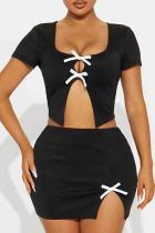 Black Sexy Solid Color Patchwork Slit Bow Decor U Neck Short Sleeve Two Pieces