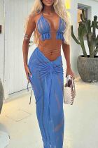 Blue Sexy Solid Color Draw String Patchwork Backless Halter Sleeveless Two Pieces