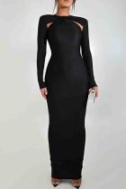 Black Elegant Hollow Out Patchwork Contrast O Neck Long Dresses